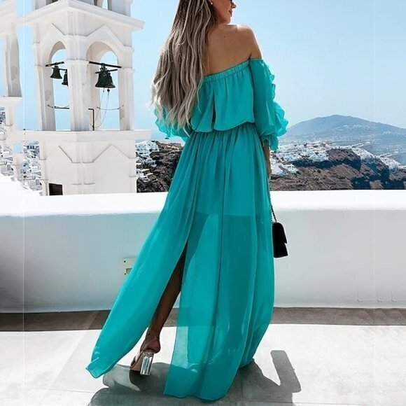 Cupshe Sexy Bohemian Off shoulder Beach Style ruffles split Turquoise Dress Sz L - Picture 3 of 11